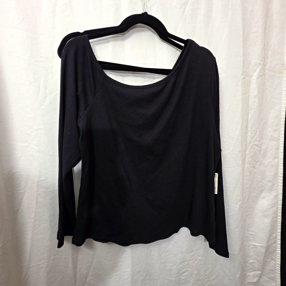a.n.a Womens Plus 1X Black Solid Knit Scoop Neck Long Sleeve Pullover Top